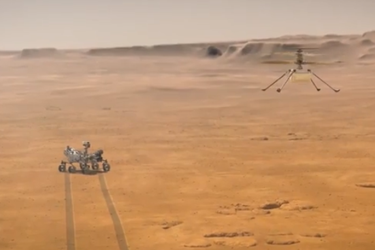 Gambaran Perseverance rover dan helikopter Ingenuity, dua robot milik NASA ketika menjalankan misi penjelajahan MARS 2020. 