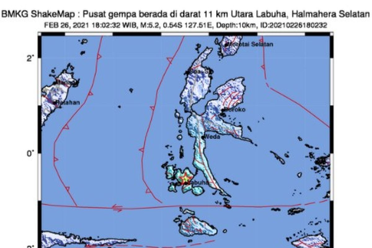 Gempa Halmahera Selatan di Maluku, Jumat 26 Februari 2021. Gempa tektonik di Pulau Bacan ini berkekuatan M 5,2, termasuk gempa dangkal dan merusak.