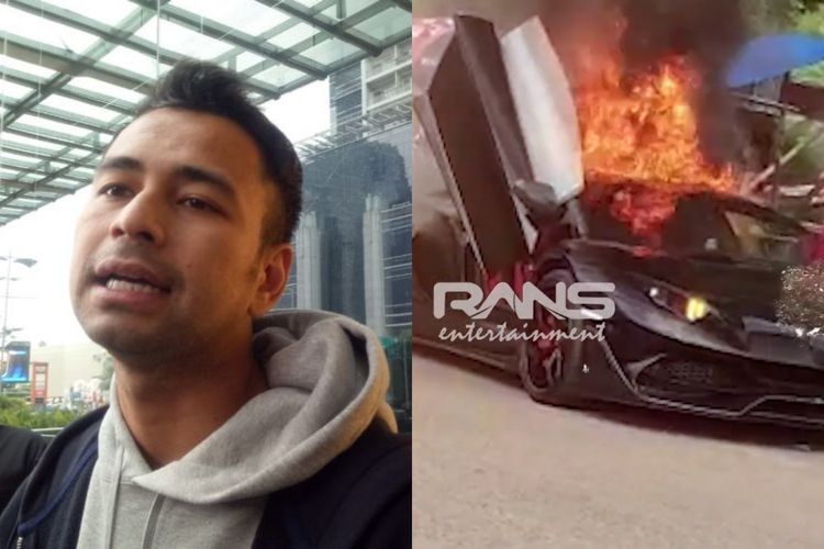 Raffi Ahmad dan Lamborghini Aventador miliknya yang terbakar.