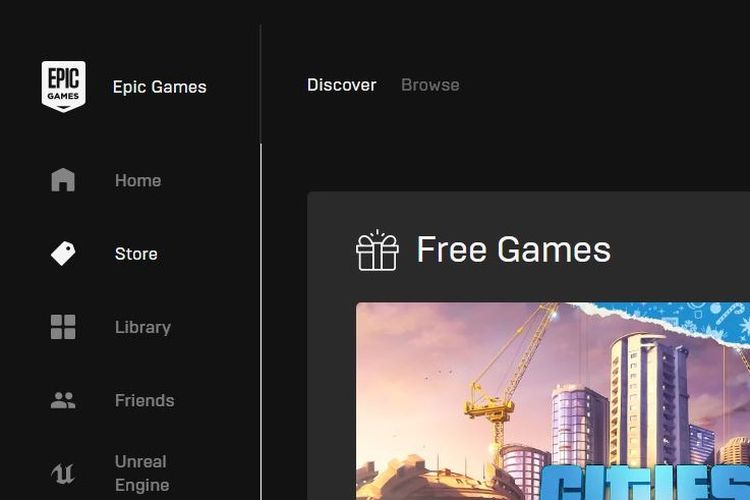 Ilustrasi aplikasi Epic Games Store yang menunjukkan tampilan Free Games.