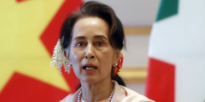 FILE - In this Dec. 17, 2019, file photo, Myanmar's leader Aung San Suu Kyi speaks during a joint press conference with Vietnam's Prime Minister Nguyen Xuan Phuc after their meeting at the Presidential Palace in Naypyitaw, Myanmar. Reports says Monday, February 1, 2021 a military coup has taken place in Myanmar and Suu Kyi has been detained under house arrest. (AP Photo/Aung Shine Oo, File)