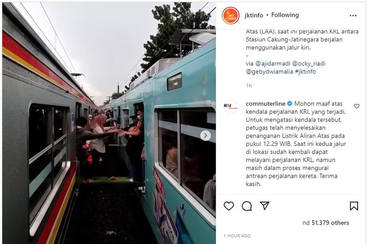 Rangkaian kereta rel listrik (KRL) mogok di petak jalan antara Stasiun Jatinegara-Stasiun Klender, Jakarta Timur, Rabu (23/3/2022).