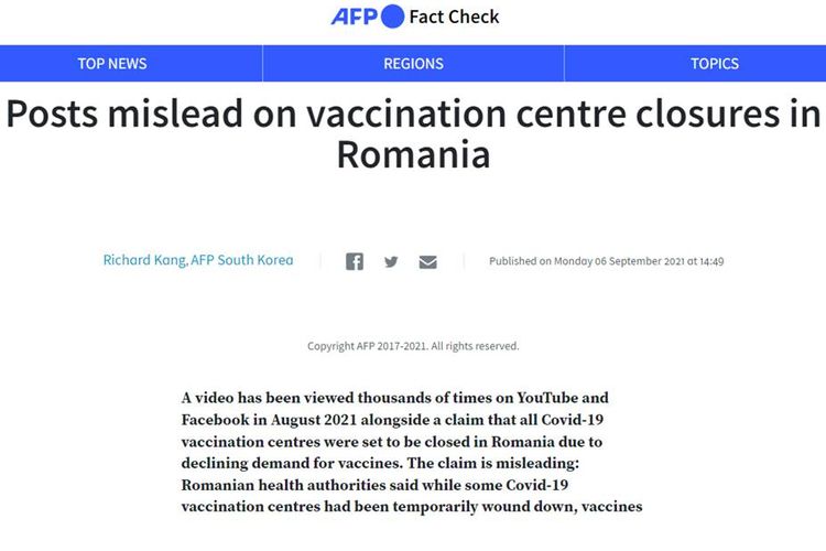 Tangkapan layar laman AFP tentang Rumania menutup semua pusat vaksin