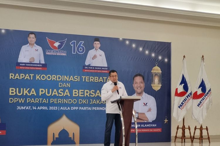 Ketua Umum (Ketum) Partai Persatuan Indonesia (Perindo) Hary Tanoesoedibjo (HT) di DPP Partai Perindo, Jakarta, Jumat (14/4/2023). 