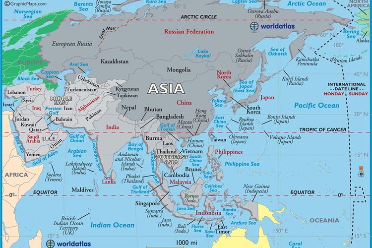 Peta benua Asia. Daftar negara terluas di Asia dipuncaki oleh Rusia, disusul China dan India di tiga besar.