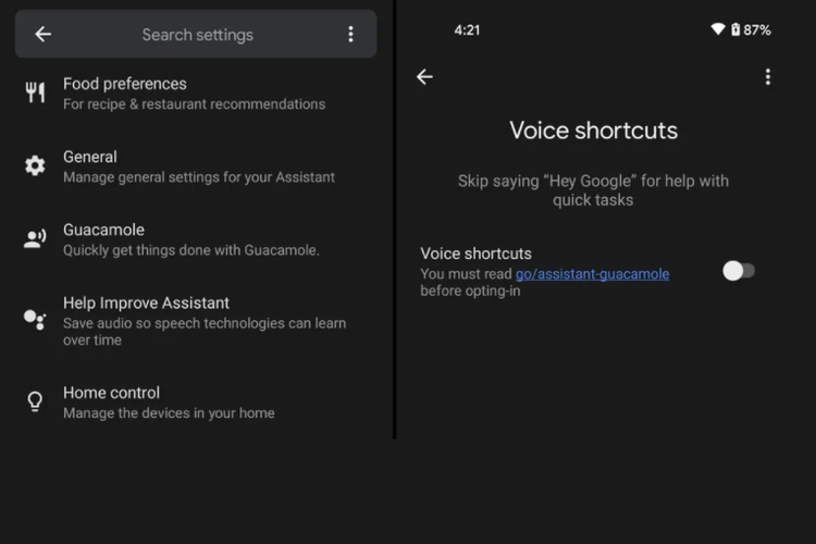 Fitur Guacamole dapat diaktifkan melalui menu pengaturan di Google Assistant