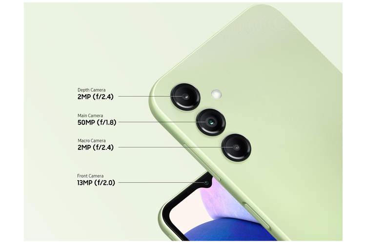 Samsung Galaxy A14 5G dibekali kamera depan 13 MP (f/2.0) serta tiga kamera belakang yang terdiri dari kamera utama 50 MP (f/1.8), kamera depth sensor 2 MP (f/2.4), dan kamera makro 2 MP (f/2.4). 