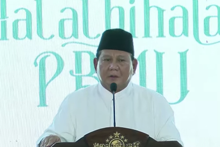 Presiden terpilih 2024 Prabowo Subianto dalam acara halal bihalal PBNU, Jakarta Pusat, Jumat (28/4/2024).