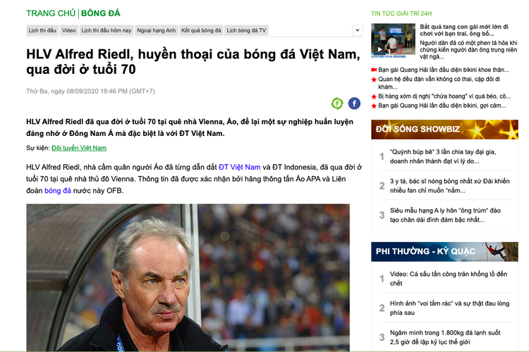 Tangkapan layar portal berita Vietnam yang mengabarkan meninggalnya Alfred Riedl