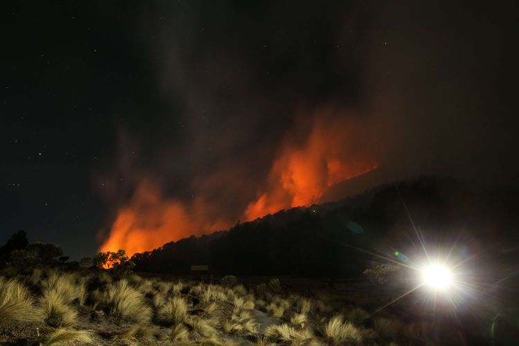 Petugas memantau kebakaran hutan yang melanda Gunung Semeru terlihat dari Kalimati, Lumajang, Jawa Timur, Kamis (19/9/2019). Akibat kejadian ini pendakian ke Gunung Semeru ditutup sementara.