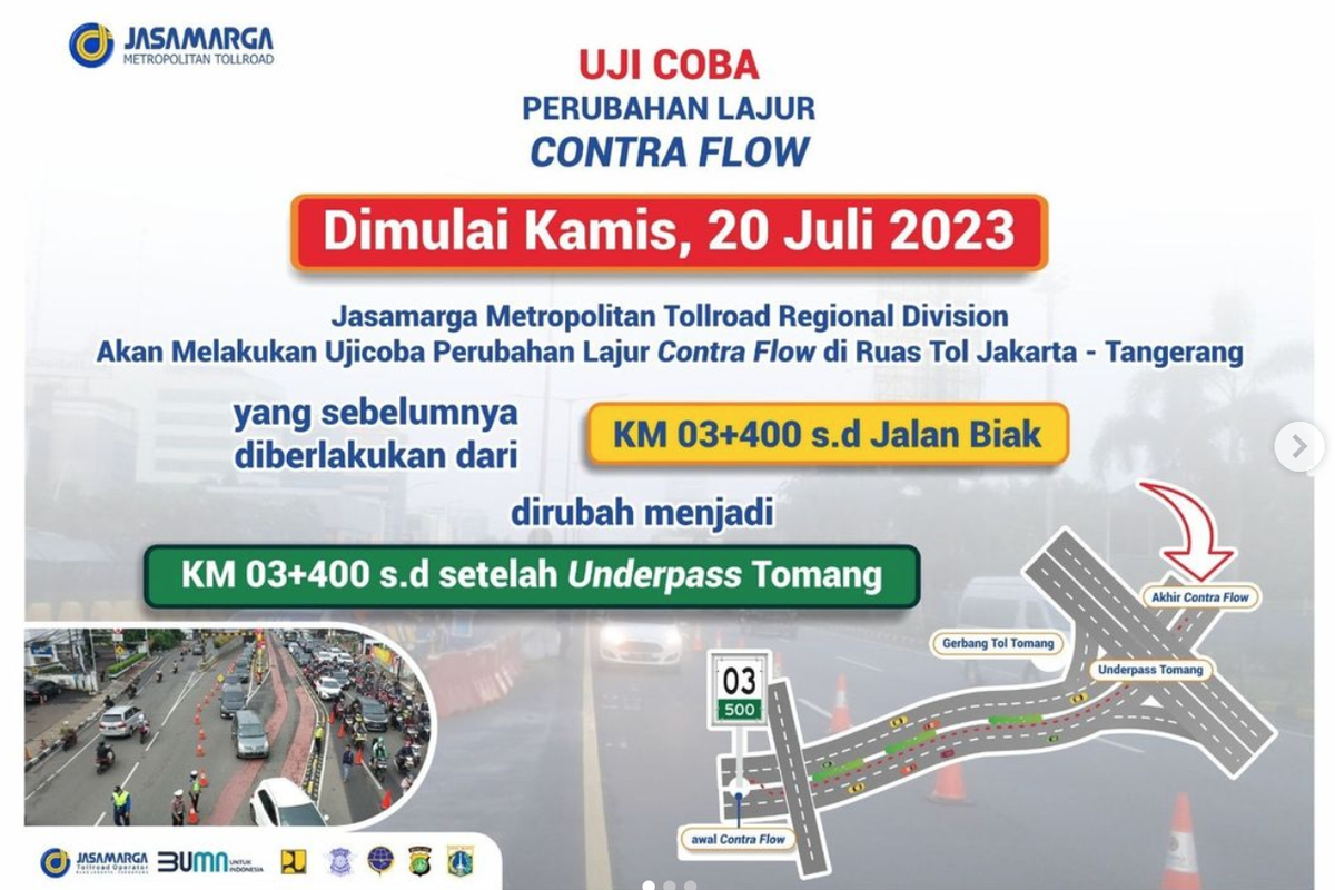 Jasamarga Metropolitan Tollroad Regional Division akan melakukan perubahan jarak contra flow di Ruas Tol Jakarta - Tangerang pada 20 Juli 2023 mendatang.