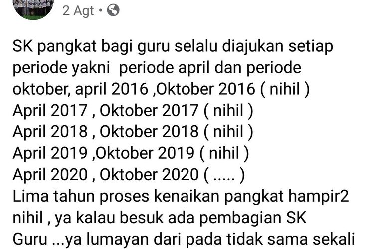 Sreenshot postingan ketua PGRI Jember Supriyono melalui akun facebooknya