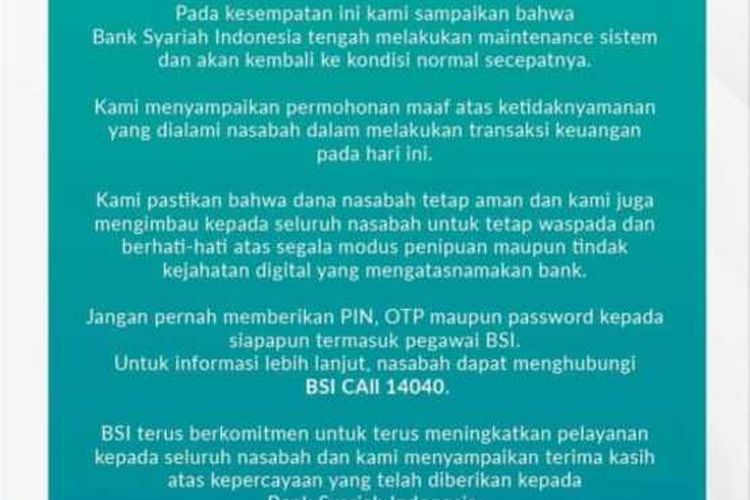 tangkapan layar gangguan layanan traksaksi BSI