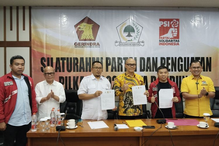 Partai Golkar, Partai Gerindra dan Partai Solidaritas Indonesia (PSI) resmi berkoalisi dalam Pilkada Kota Bandung 2024 mendatang. tiga partai tersebut menandatangani nota kesepakatan koalisi di Hotel Savoy Homman, Jalan Asia Afrika, Kota Bandung, Jawa Barat, Kamis (23/5/2024).