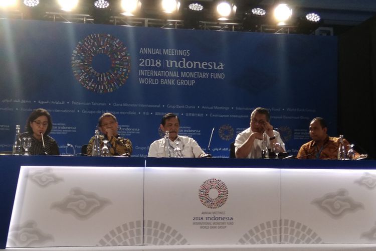 Media briefing Pertemuan Tahunan IMF-Bank Dunia 2018 di Hotel Westin Nusa Dua, Bali, Senin (8/10/2018).