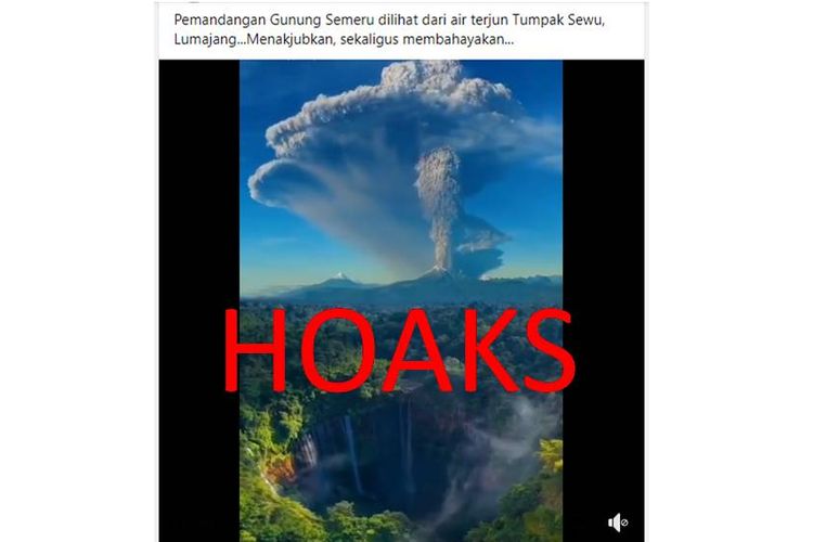 Tangkapan layar unggahan Facebook tentang pemandangan erupsi Gunung Semeru