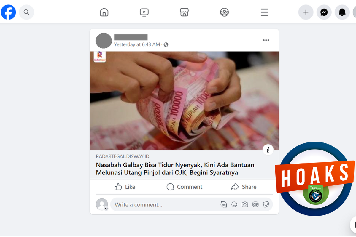 Tangkapan layar konten hoaks di sebuah akun Facebook, Jumat (18/1/2024), soal bantuan OJK untuk melunasi utang pinjol.