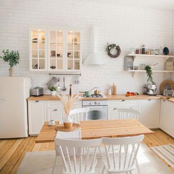 Ilustrasi dapur dengan gaya interior Skandinavia. 