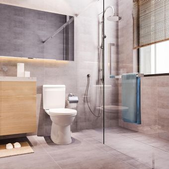 Ilustrasi kamar mandi, kamar mandi sempit, area shower kamar mandi. 
