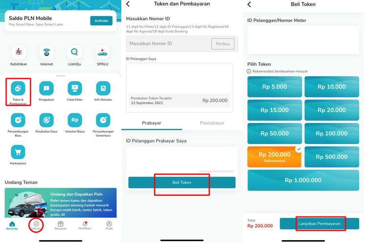 Ilustrasi cara beli token listrik dan melihat riwayat pembayaran di PLN Mobile