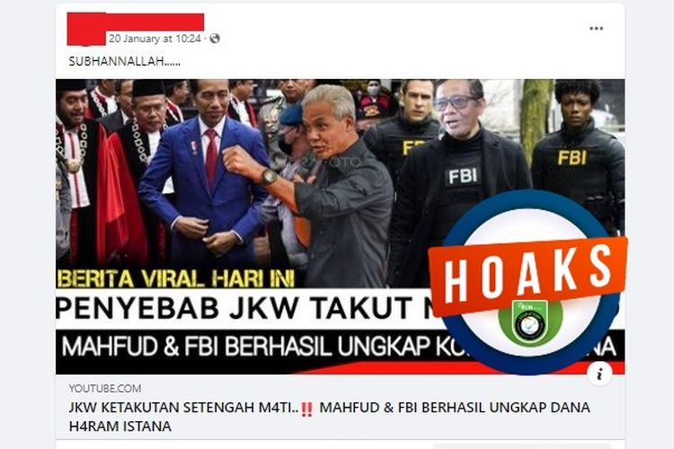 Tangkapan layar Facebook narasi yang menyebut Mahfud MD dan FBI berhasil mengungkap dana haram Istana