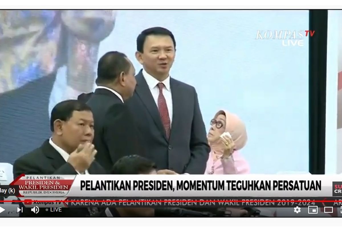 Mantan Gubernur DKI Jakarta Basuki Tjahaja Purnama alias Ahok menghadiri acara pelantikan Joko Widodo-Maruf Amin sebagai Presiden dan Wakil Presiden, Minggu (20/10/2019).