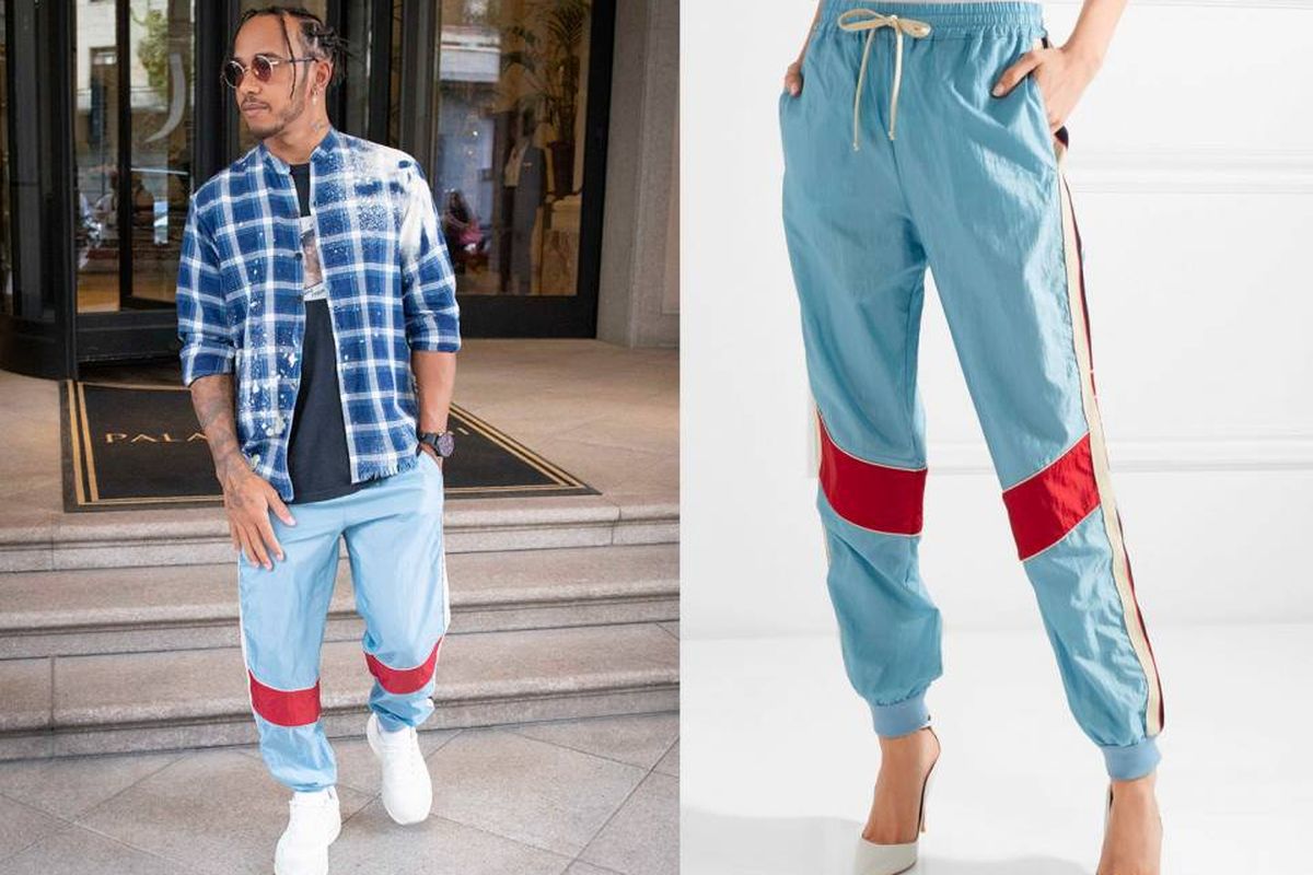 Lewis Hamilton dengan track pants wanita dari Gucci