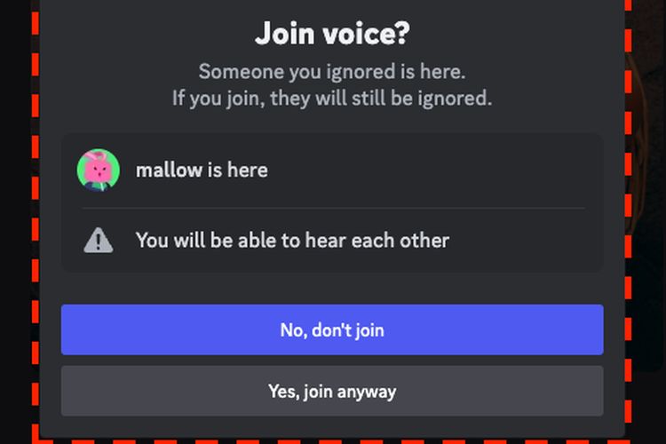 Tampilan peringatan panggilan suara atau video ketika ada orang yang sudah di-Ignore di Discord.