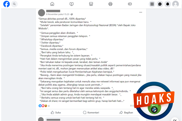 Tangkapan layar unggahan dengan narasi hoaks di sebuah akun Facebook, 8 November 2023, soal Jokowi meresmikan Badan Jaringan dan Kriptozoologi Nasional.