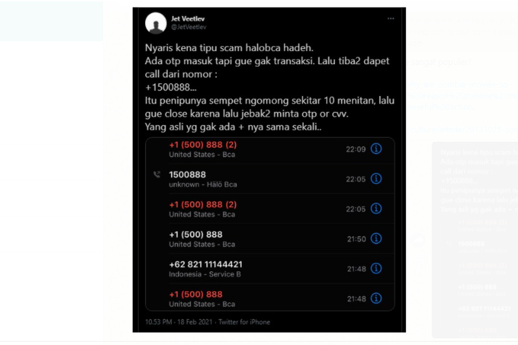 Tangkapan layar informasi penipuan oknum yang mengatasnamakan BCA melalui nomor telepon +1500888.