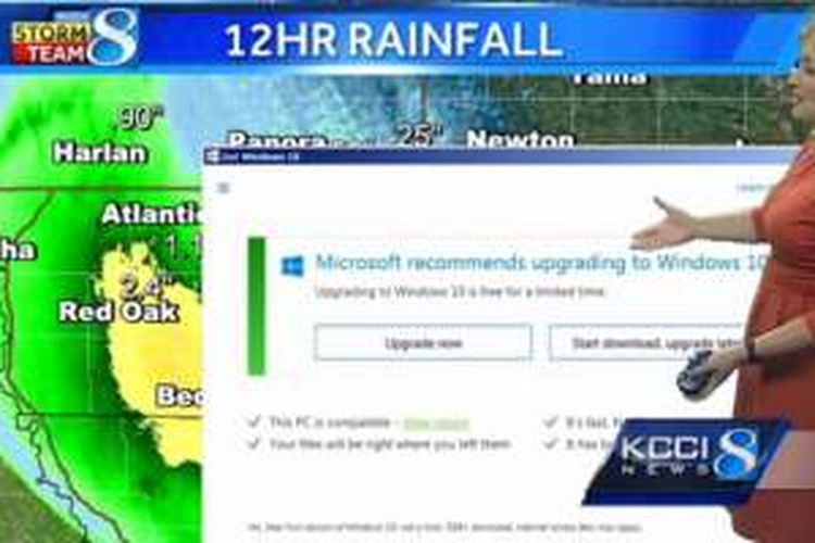 Pop-up notifikasi untuk melakukan upgrade ke Windows 10 tiba-tiba muncul saat siaran langsung ramalan cuaca di stasiun TV KCCI 8 
