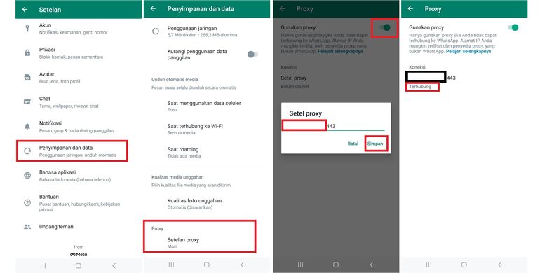 Cara mengaktifkan fitur proxy WhatsApp.