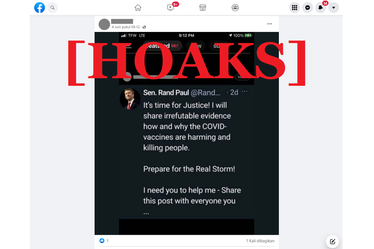 Tangkapan layar unggahan hoaks di sebuah akun Facebook, Sabtu (4/6/2022), tentang twit Senator AS Rand Paul soal bukti tak terbantahkan bahaya vaksin Covid-19.