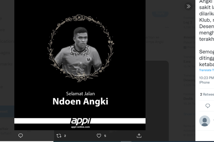 Laporan dari Asosiasi Pesepak Bola Profesional Indonesia (APPI) soal pemain Persikupar Putra, Ndoen Angki, yang meninggal dunia pada 16 Desember 2021.
