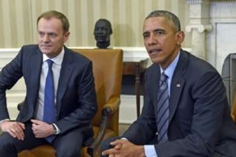 Presiden AS Barack Obama bertemu dengan Presiden Dewan Eropa Donald Tusk di Gedung Putih, Senin (9/3/2015).