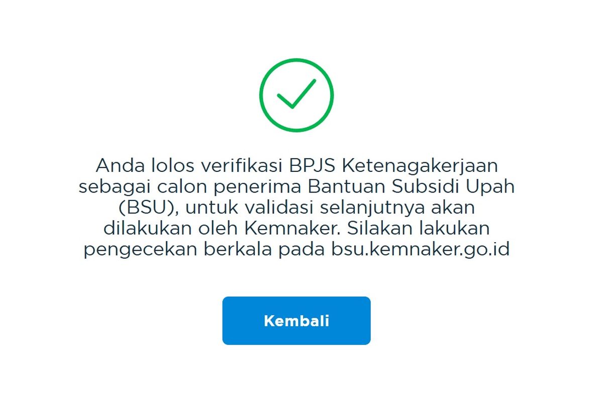 Tangkapan layar hasil verifikasi BSU BPJS Ketenagakerjaan. Verifikasi BSU BPJS Ketenagakerjaan.