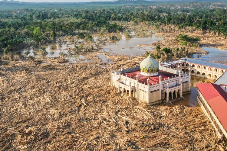 Foto udara menampilkan tumpukan kayu-kayu memenuhi area Pondok Pesantren Darul Mukhlishin pascabanjir bandang di  Desa Tanjung Karang, Karang Baru, Kabupaten Aceh Tamiang, Aceh, Jumat (5/12/2025). Usai sepekan setelah bencana banjir bandang, akses menuju Desa Tanjung Karang masih terhambat akibat banyaknya tumpukan pohon dan lumpur tebal dari Sungai Tamiang sehingga bantuan sulit masuk ke wilayah tersebut. ANTARA FOTO/Erlangga Bregas Prakoso/app/foc.