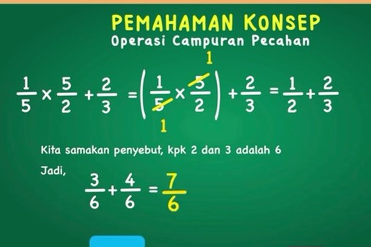 Tangkapan layar Belajar dari Rumah TVRI 16 Juli 2020 SD Kelas 4-6 tentang Penjumlahan dan Pengurangan Pecahan.