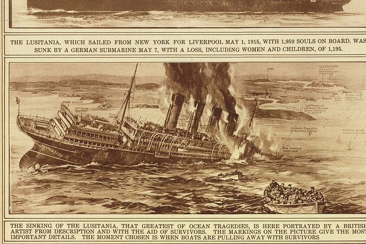 Gambar kapal Lusitania tenggelam pada 7 Mei 1915