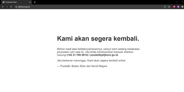 Tangkapan layar situs jdih.bssn.go.id yang tidak bisa diakses pada Senin (31/1/2022) siang.