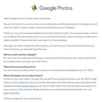 Pernyataan Google yang diterima oleh pelanggan Google Photos terkait layanan mencetak foto di platform tersebut.