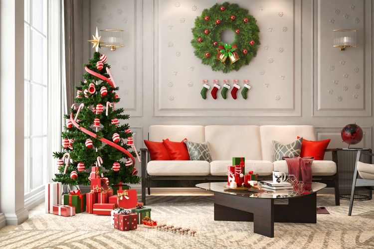 Ilustrasi ruang keluarga dengan dekorasi Natal, pita yang dipasang di pohon Natal