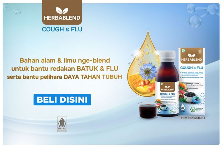 Herbablend Cough and Flu mengandung bahan alami untuk redakan batuk dan flu, serta membantu memelihara daya tahan tubuh.