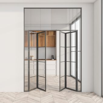 Ilustrasi pintu lipat minimalis yang terbuat dari material kaca.