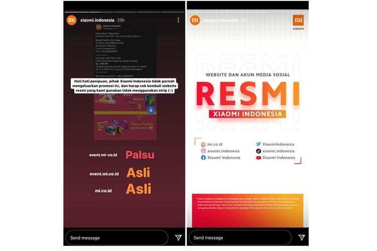 Postingan klarifikasi Xiaomi Indonesia atas situs palsu.