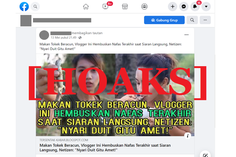 Tangkapan layar unggahan hoaks di sebuah akun Facebook, tentang seorang vlogger yang diklaim telah meninggal karena memakan tokek beracun.