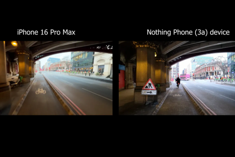 Ilustrasi perbandingan footage Phone (3a) milik Nothing dengan iPhone 16 Pro Max