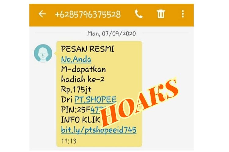 Pesan hoaks pembagian hadiah mengatasnamakan Shopee