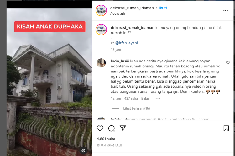 Tangkapan layar rumah mewah yang terbengkalai di Bandung, disebut ditinggalkan oleh anak durhaka viral di medsos pada Selasa (13/12/2022).