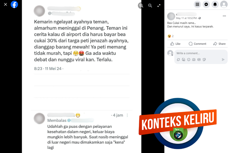 Tangkapan layar unggahan dengan konteks keliru di sebuah akun Facebook, Sabtu (11/5/2024), mengenai pungutan bea cukai 20 persen untuk pengiriman peti jenazah dari Penang, Malaysia ke Indonesia.